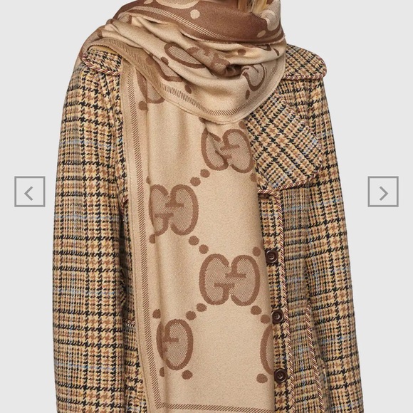 Gucci- Beige and Brown GG Wool Lamé Jacquard Scarf - Picture 1 of 7